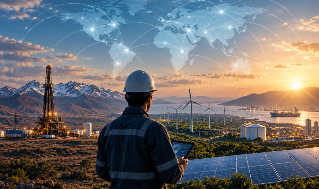 Técnico con casco frente a un paisaje con torre petrolera, aerogeneradores y paneles solares
